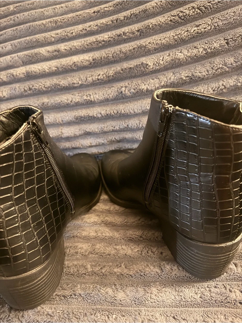 Black Croc-Embossed Mixed Texture Ankle Boots - Picture 2 of 6